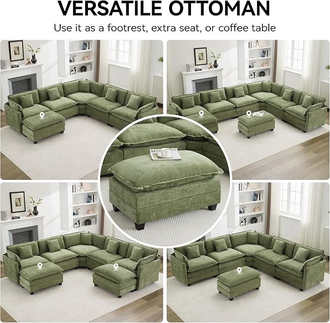 35‘’ Modern Chenille Cloud Sofa Ottoman,Rectangle Ottoman for Modular Sectional Sofa, Green