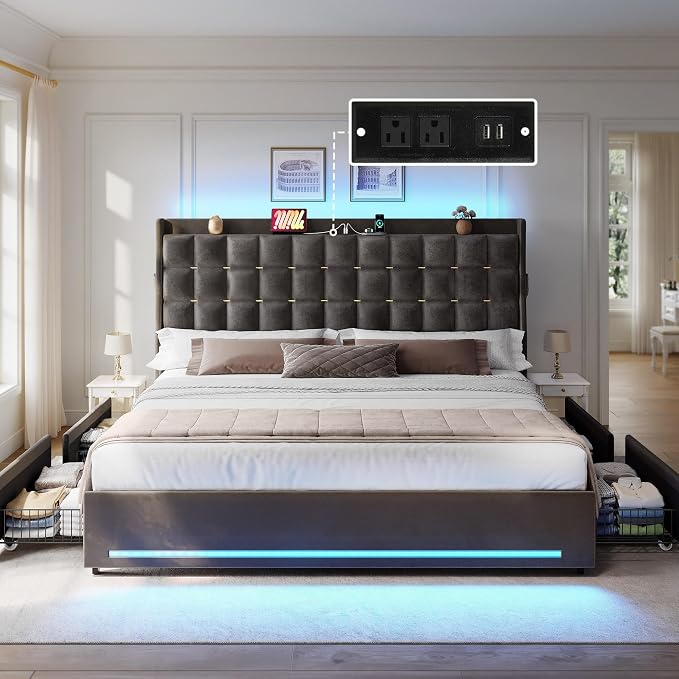 DWVO King Size Bed Frame with 4 Drawers and RGB LED Lights, Velvet Upholstered Platform Bed with Charging Station and Storage Headboard, No Box Spring Needed, Easy Assembly, Noise-Free, Grey