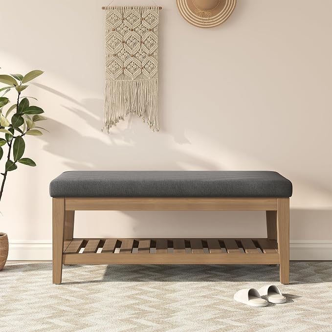 Apicizon 45" Shoe Rack Bench with Upholstered Cushion, Solid Rubberwood Entryway Shoe Bench, Modern Chenille Ottoman Bench with Storage for Hallway Bedroom Living Room Front Door Entrance, Dark Gray
