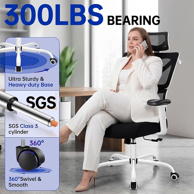 Ergonomic Office Chair, High Back Mesh Computer Chair with Comfortable Adaptive Lumbar Support, Built-in Coat Hanger, SGS Class 4 Gas Lift, Heavy Duty 300lbs for Long Hours Home Office
