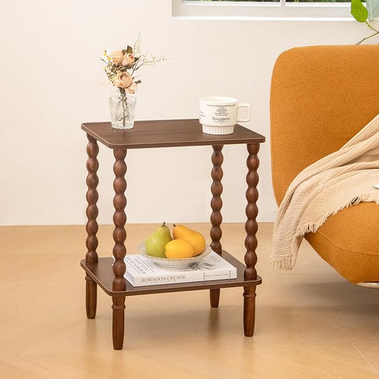 Fultyle Small Side Table, Walnut End Table with 2-Tier Shelf, Vintage Nightstand Coffee Table for Bedroom, Living Room, Small Spaces (Walnut Brown)