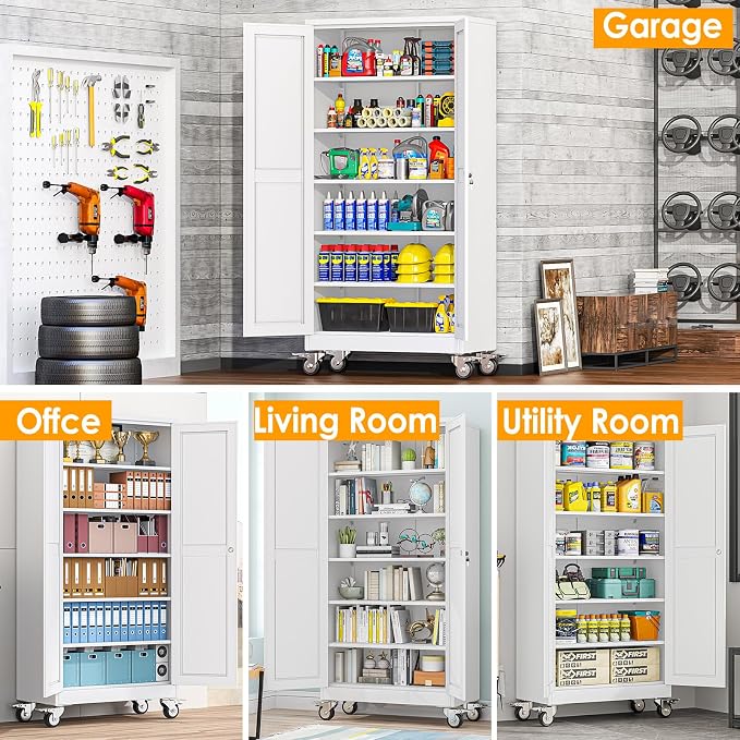 PAOFIN Metal Garage Storage Cabinet with Wheels,Steel Lockable File Cabinets with 2 Doors and 5 Adjustable Shelves,74" H Locking Tool Cabinets for Home Office, Warehouse, Required Assembly,White