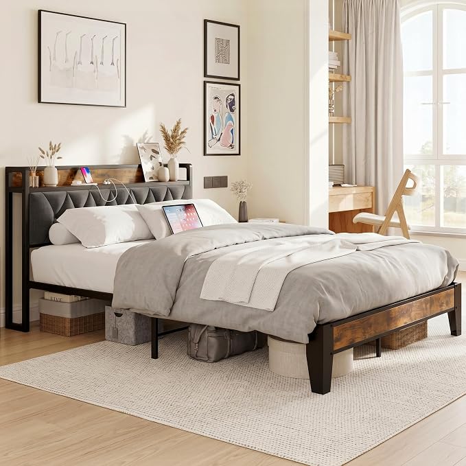 ANCTOR Full Bed Frame, Upholstered Tufted Headboard, Storage Shelves & Charging Station, No Box Springs Needed, Sturdy, Noise-Free, Modern Vintage Style