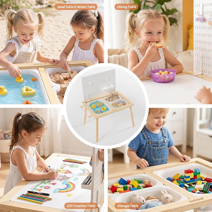 Easyego Sensory Table for Toddlers Kids Play Wooden Sand Water Table with Can DIY Creation Pegboard & Foldable Storage Bins for Indoor and Outdoor Use, Birthday Gifts for Boys and Girls - Wood Color
