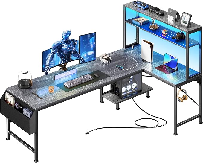 PRAISUN L Shaped Gaming Desk with LED Lights & Power Outlets, Reversible Computer Desk with Storage Shelves & Bag, Large Corner Home Office Desk with Pegboard for Work from Home, Grey