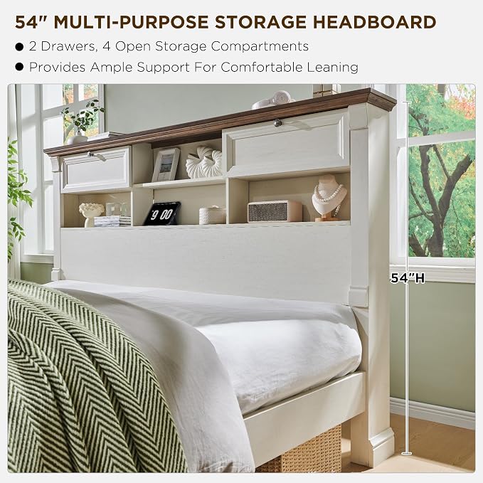 Farmhouse Queen Size Bed Frame with 54" Tall Storage Bookcase Headboard, Wood Platform Bed Frame with 2 Drawers & 18" Tall Roman Column Decoration Footboard, No Box Spring Needed(Antique White)