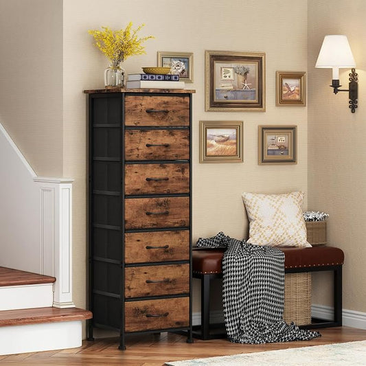 Fixwal Tall Dresser for Bedroom, Storage Dresser Organizer with 7 Fabric Drawers, Nightstand Furniture in Closet, Entryway, Hallway, Rustic Brown Wood Grain Print