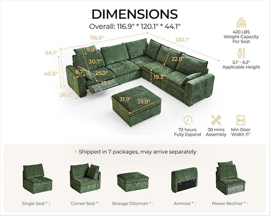 Oversized Modular Sectional Sofa with Power Recliner, Plush Cloud Couch with Headrest, Convertible Deep L-Shaped 6 Seater with Corner and Storage Ottoman, Chenille, Green