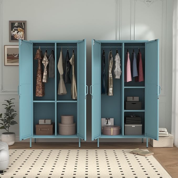 Lockable Closet Metal Wardrobe 67" Blue 2 Door Wardrobe Bedroom Storage Cabinet Adjustable shelf Multi functional metal Storage Cabinet with hanging rail for domestic use 18.1" D x 31.5" W x 67" H