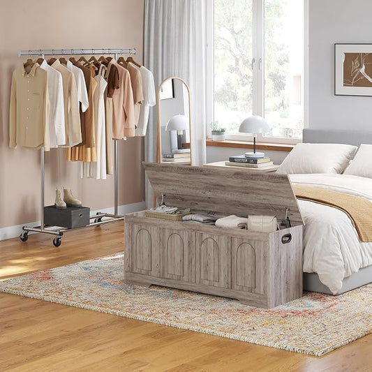 DINZI LVJ Storage Chest, 50”Extra Large Storage Bench with 2 Safety Hinges, Wooden Toy Box with Flip-Top, Large Trunk for Living Room, Playroom, Easy Assembly, Greige