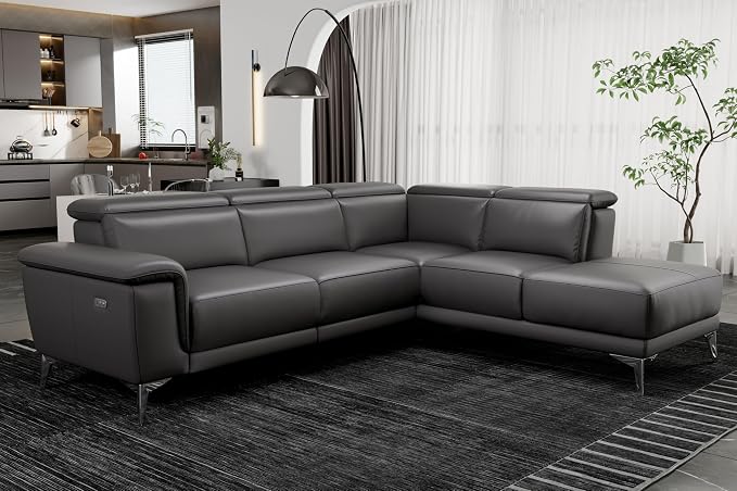 Valencia Pista Geniune Leather Reclining Sectional Sofa with Right Hand Chaise -| Power Recliner Chair, Nappa 11000 Leather | L Shaped Couch for Living Room Furniture, Cloudy Grey