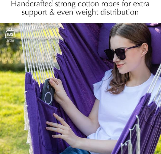 PNAEUT Hammock Chair Hanging Rope Swing for Outside Indoor for Bedroom, Outdoor, Patio (Purple with Tassels)