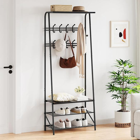 MDF Hall Tree with Bench, 4-in-1 Entryway Coat Rack with Storage Shelf & Shoe Organizer, Sturdy Freestanding Furniture for Living Room, Bedroom, Mudroom