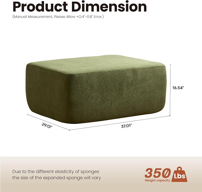 ovios 37" Velet Ottoman, Upholstered Cloud Ottoman for Boneless Couch in a Box, Modular Sectional Couches for Living Room Bedroom, Compressed Memory Foam, No Assembly Require, Green