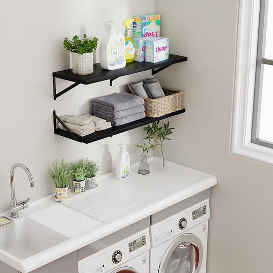 Axeman Floating Shelves for Wall Black- 36 Inch Wide x 12 Inch Deep Wall Shelves Set of 2 - Black Deep Wood Floating Shelves for Living Room Bedroom Laundry Room