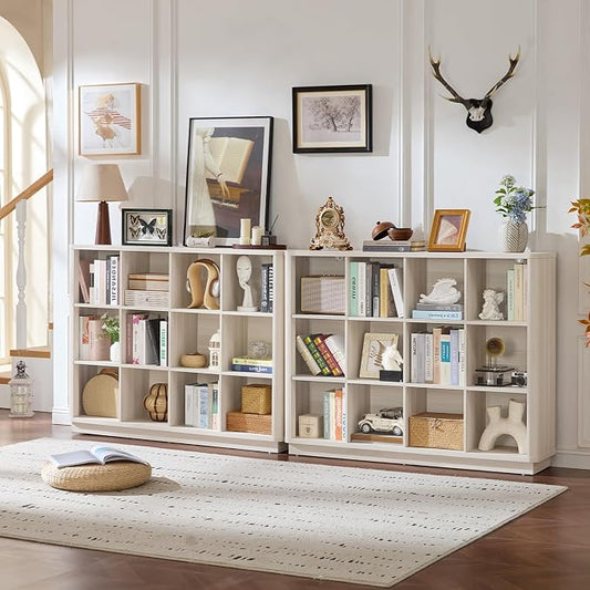 Joaxswe 12 Cube Storage Organizer, 41" Large Bookshelf with Curved Edge, Wood Floor Standing 3-Tier Cubby Bookcase w/Base, Modern Display Storage Cabinet for Living Room, Office, Gray-White Cream Oak