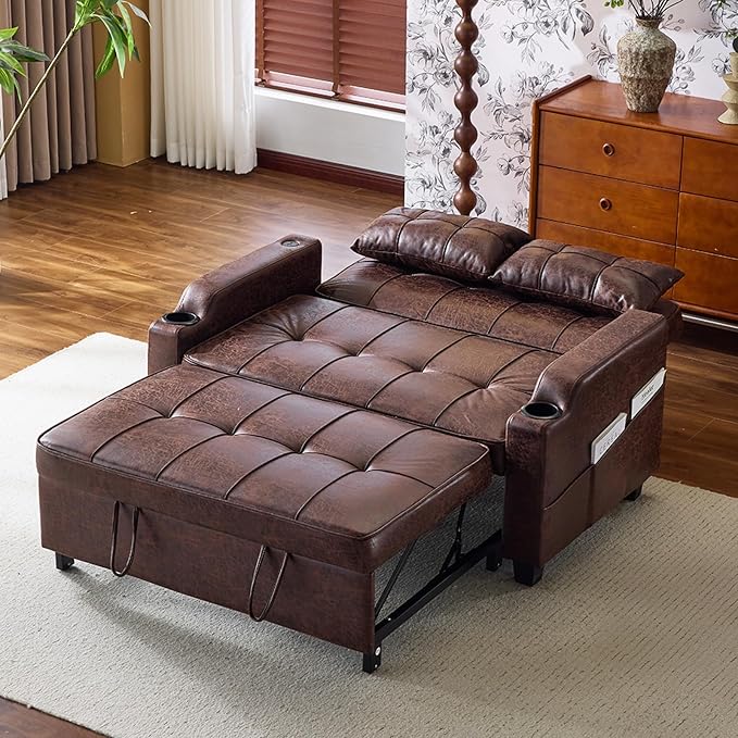 VINGLI Rustic Futon Sofa Bed Convertible Loveseat Sleeper Sofa Couch, Pullout Sofa Fold Out Couch Bed with USB Ports, Cup Holders, Armrest for Living Room, Bedroom Apartment Room