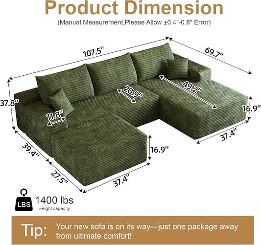 AUGOP 108" Sectional Couches for Living Room Modern Modular Sofa with L-Shape Couchs Upholstered Boneless Couch Deep Seat Sectional Couch with Chaise (Green, Right Facing Chaise+2Seaters+1Ottoman)