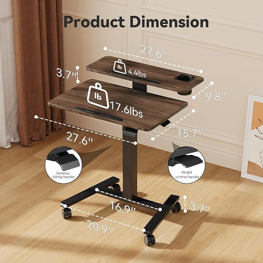 28 inch Mobile Standing Desk On Wheels, Small Computer Workstation Adjustable Height,Rolling Laptop Stand with Tiltable Desktop, 2-Tier Portable Study Table with Storage Shelf, Walnut