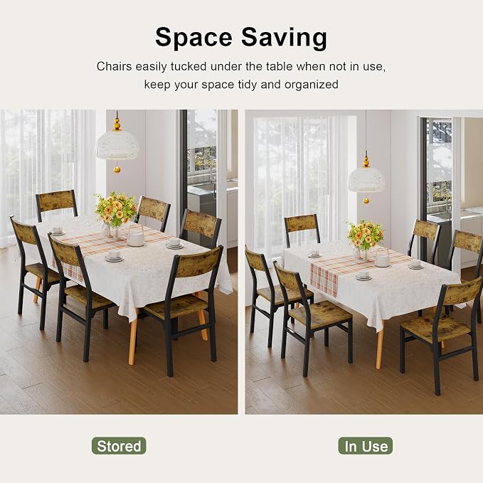 Feonase Dining Chairs Set of 6, Modern Kitchen Chairs with Ergonomic Backrest, MDF Board and Metal Legs, Dinner Chairs for Dining Room, Kitchen and Living Room, Rustic Brown