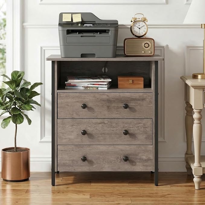 27 Inch Wide Nightstand Set of 2 with Charging Station, Large Nightstand Set 2 with 3 Wood Drawers & LED Lights, Big Bedside Table with Open Shelf for Bedroom, Guest Room, Office, Gray.