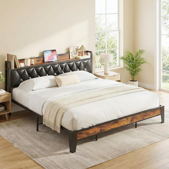 ANCTOR King Bed Frame, Storage Headboard with Outlets, Easy to Install, Sturdy and Stable, No Noise, No Box Springs Needed, Rustic Brown and Black
