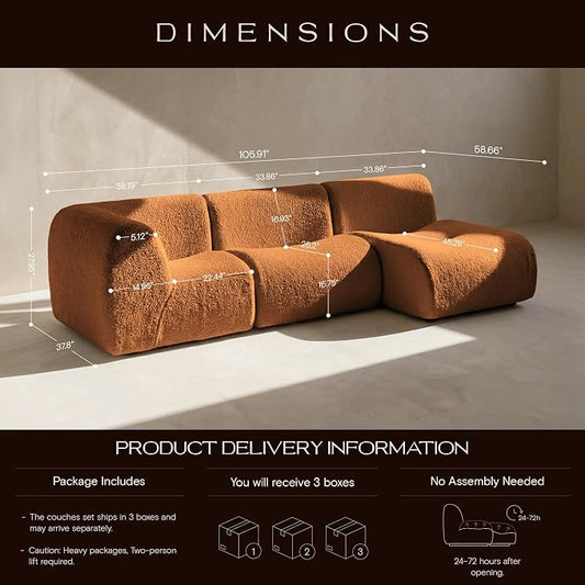 106" Curved Sectional Sofa with Chaise, Boneless 3 Seater Modular Couch, Reversible L-Shaped Couches with High-Density Foam, Modern Lounge Comfort Sherpa Sofas for Living Room – No Assembly, Brown