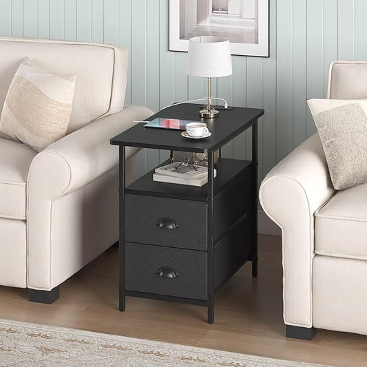 sthmec End Table with Charging Station, Narrow Side Table with 2 Drawers, Nightstands with Drawers, USB Ports & Power Oulets,Slim Sofa Side Tables for Small Spaces,Living Room,Bedroom,Black