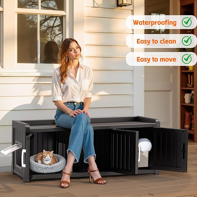 DRATO Indoor Outdoor Shoe Storage Cabinet, Shoe Bench Entryway with Adjustable Shelves, Multifunctional Resin Storage Bench for Entryway Foyer Hallway (Black, 3 Doors with Windows)