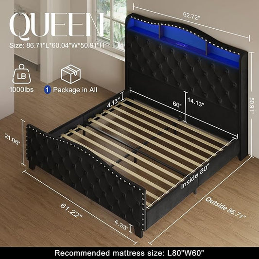 Belffin Queen Size Bed Frame and Headboard, 50.9" Velvet Upholstered Wingback Bedframe with LED Lights & Storage/Charging Station, Button Tufted Tall Footboard, No Box Spring Needed, Noise-Free, Black