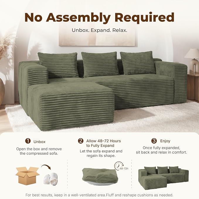 Modular Sectional L-Shaped Sofa with Deep Seat, Modern Boneless Comfy Corduroy Fluffy Couch with Side Pockets and Anti-Slip & Floor-Friendly Bottom for Living Room, No Assembly, Green