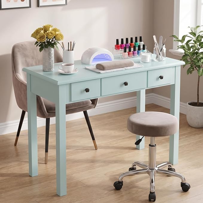 STHOUYN Small Green Writing Desk with Drawers, Vanity Table for Bedroom | Small Farmhouse Makeup Vanity Desk No Mirror, Adult/Student Writing Desk with Drawers for Small Spaces, Home Office, Study