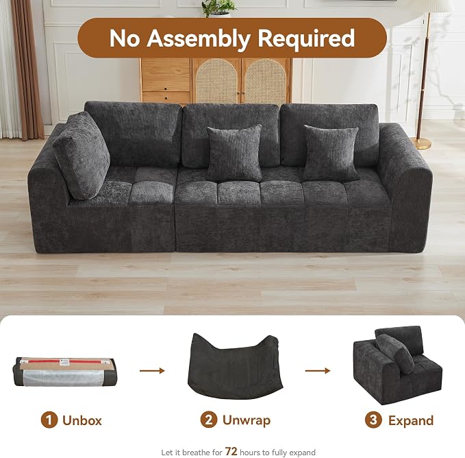 110''Modular Sectional Couches for Living Room, Cloud Boneless Compressed Sectional Sofa, Oversized 3 Seater Upholstered Memory Foam Sofa, No Assembly, Chenille Grey