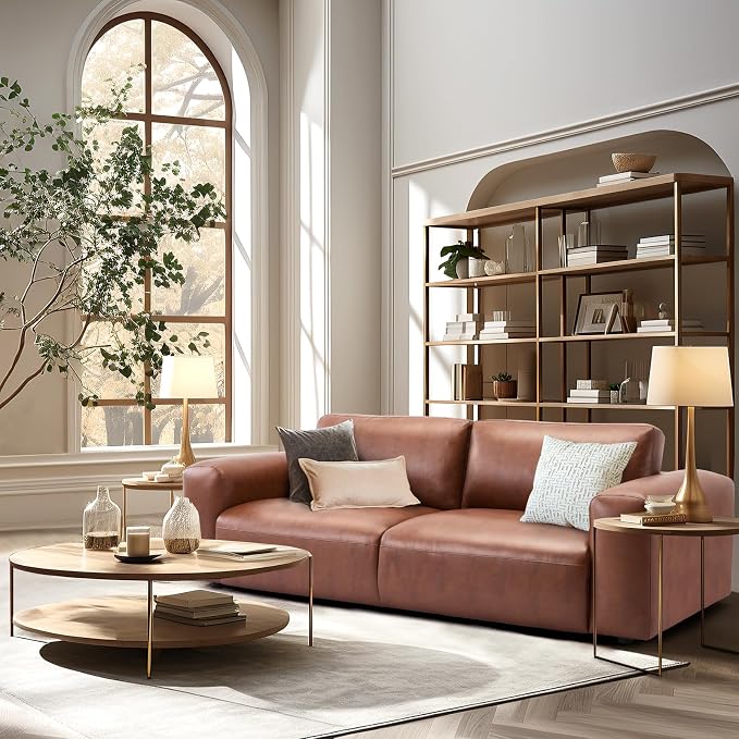 COLAMY PU Leather Sofa Couch, 95" Oversized Sofa Loveseat for Living Room, Comfy Love Seat Couch with Extra Deep Seats, Wide Arm, Down Filled 3-Seater Modern Sofa for Apartment/Lounge/Bedroom-Auburn