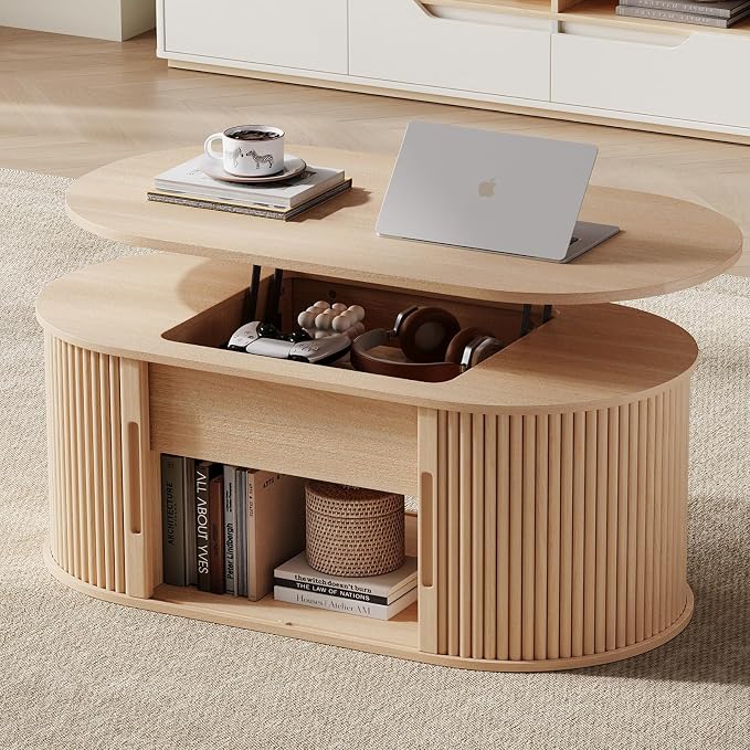 LINSY Lift Top Coffee Table, Oval Fluted Coffee Table with Storage, Boho Wooden Coffee Tables with Sliding Tambour Door, 39" Center Table for Living Room, Office, Small Space, Natural Oak