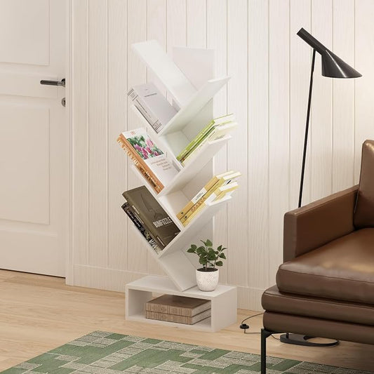 Furinno Tree Book Shelf, 7-Tier Bookshelf, Tree Bookcase with Bottom Shelf, 8.4 x 16.9 x 46.2, for Living Room, Bedroom, Home Office, White