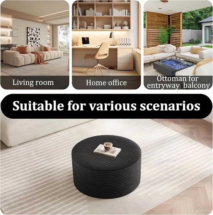 BSHOMGI Round Coffee Table Ottoman for Corduroy Cloud Sectional Couches in a Box Memory Foam Compressed Pouf Footstool Rest for Living Room, Bedroom, Makeup Room No Assembly Require(Black, 27.6")