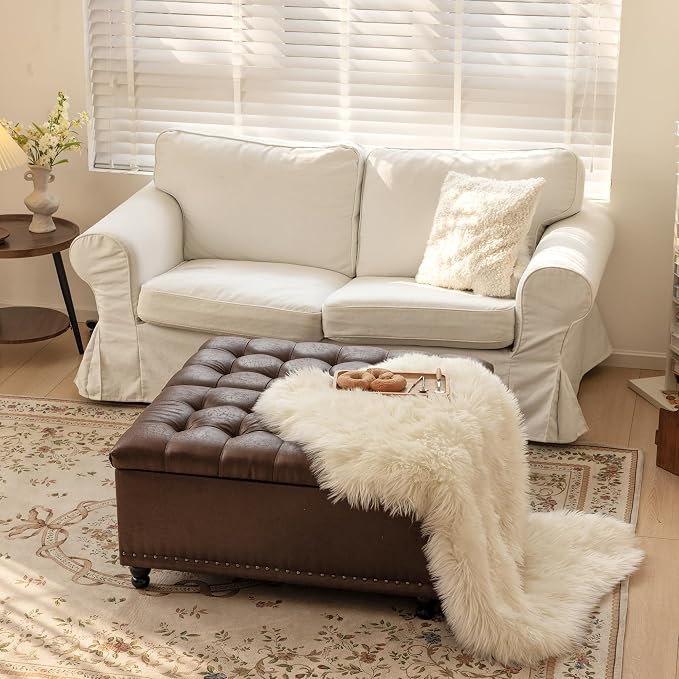 Redlife 35 Inch Large Square Storage Ottoman, Storage Ottoman Coffee Table with Lift Top Faux Leather Ottomans Bench Square Footrest Oversized Upholstered Coffee Table for Living Room (Dark Brown)
