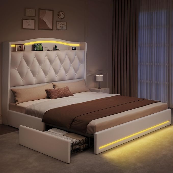 DWVO Queen Size Bed Frame with 4 Storage Drawers and RGB LED Lights, 57'' Tall Headboard Velvet Upholstered Bed with Charging Station, No Box Spring Needed, Easy Assembly, Noise-Free, White