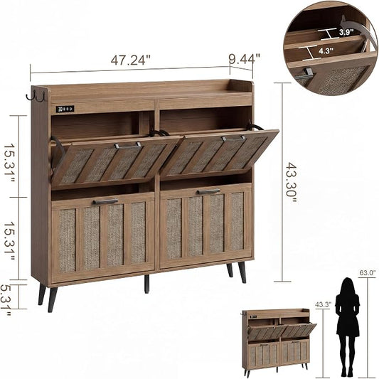 ChooChoo Shoe Storage Cabinet with 4 Flip Drawers, Deodorizing Shoe Organizer Storage for Entryway, Freestanding Hidden Slim Narrow Shoe Rack Cabinet, Rustic Oak