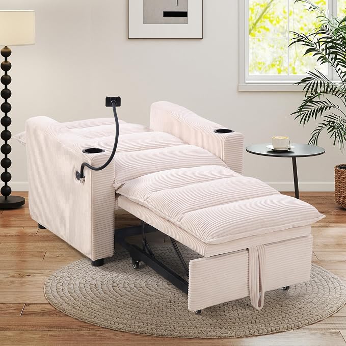 HAOMARKETS Corduroy Sleeper Sofa Bed with Cup Holders, 3-in-1 Convertible Pullout Futon Couch with Phone Holder&USB Charge Port, Single Armchair with 3-Level Adjustable Backrest for Apartment