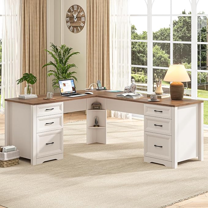 Vabches Wood L Shaped Executive Desk with 6 Drawers, Farmhouse Home Office Desk with Power Outlets and Triangle Under-Desk Storage Shelf & Drawer File Cabinet, Corner Computer Desk, Brown