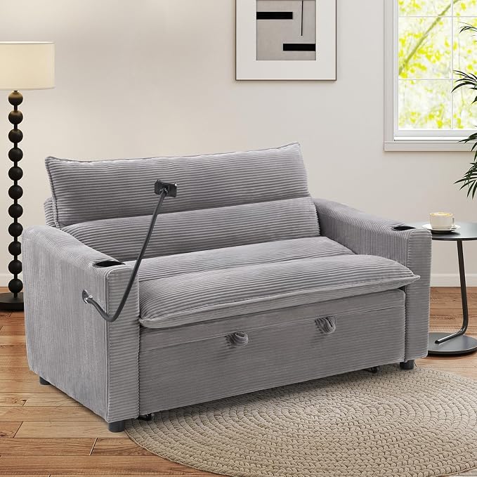 HAOMARKETS 3-in-1 Convertible Loveseat Sleeper Sofa Bed, 2-Seat Pull Out Couch with Cup Holders, Phone Holder and USB Ports, Corduroy 3-Level Adjustable Backrest Couches for Living Room, Grey