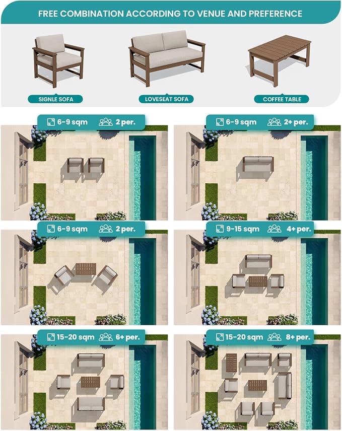 SERWALL 3 Pieces HDPE Outdoor Sofa Bistro Set with Cushion, Patio Outdoor Furniture Sofa Sets with Porch Chairs and Coffee Table, Brown Frame/Khaki Cushion