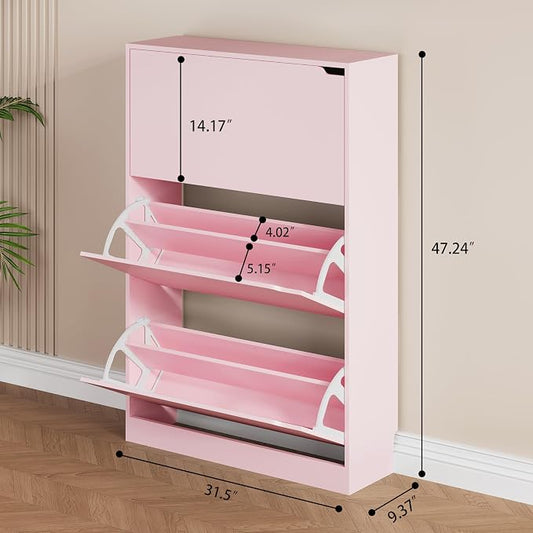 Shoe Storage Cabinet, Wood Shoe Organizer for Entryway with 3 Flip Drawers, Freestanding Shoe Rack with Adjustable Shelf, Narrow Shoe Dresser for Front Door Entrance (Pink, 3 Drawers)