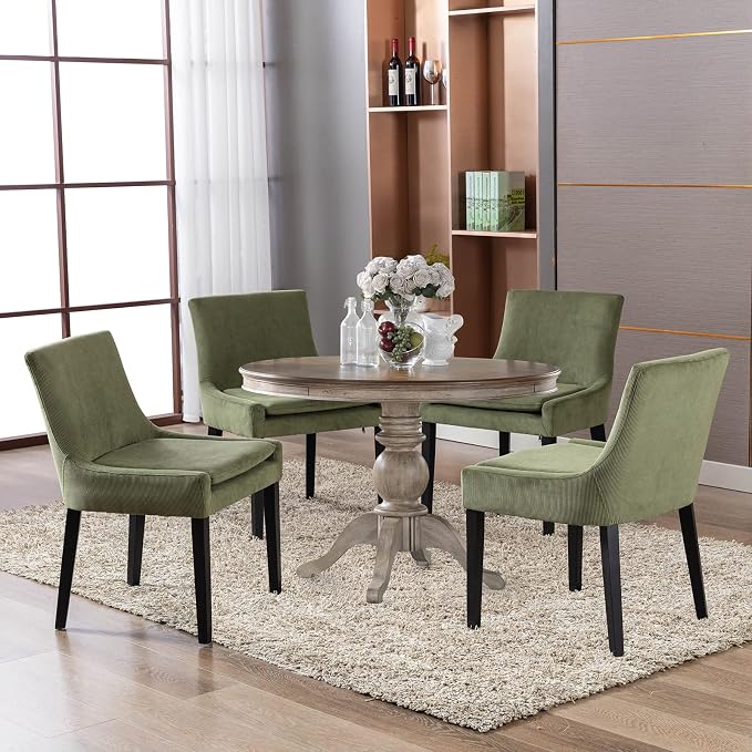 COLAMY Modern Dining Chairs Set of 4, Upholstered Corduroy Accent Side Chairs with Mid Back and Wood Legs for Living Room/Dining Room- Light Green