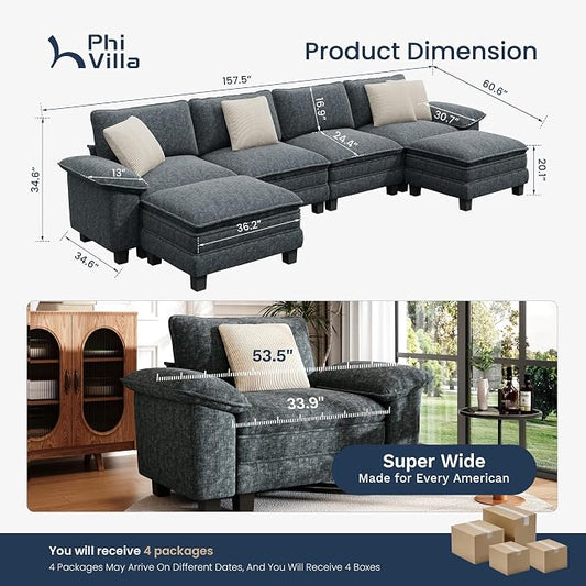 PHI VILLA Cloud Modular Couch Sets, 157.5" Oversized Sectional Sofa with U-Shaped Chaise, 6-Seater Couches with Movable Ottomans for Living Room, Chenille Dark Cyan
