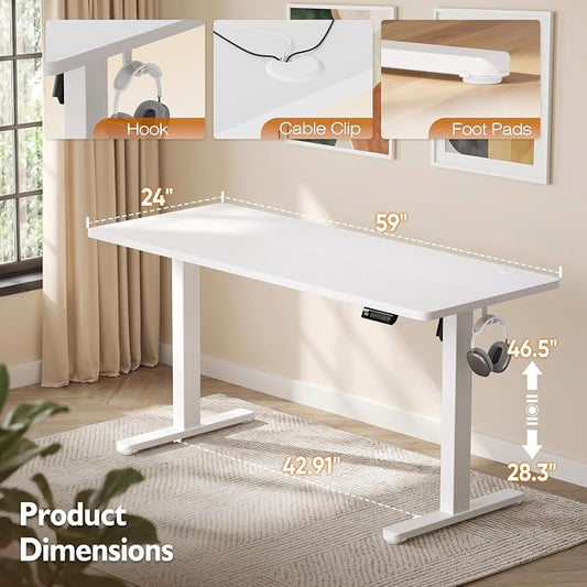 Monomi 59 inch Electric Standing Desk with Memory Preset, Adjustable Height Standing Desk for Home Office & Gaming, Large Computer Desk with Anti-Collision, White
