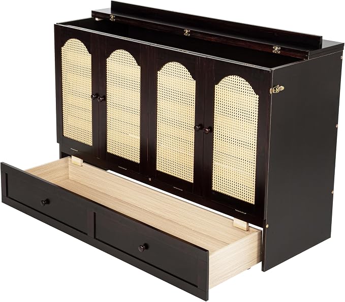 PVWIIK Queen Size Murphy Bed Cabinet with Power Station & Large Drawer for Bedroom,Pine Wood Folding Chest Bed with Rattan Panel, Space-Saving Wall Bed, Espresso