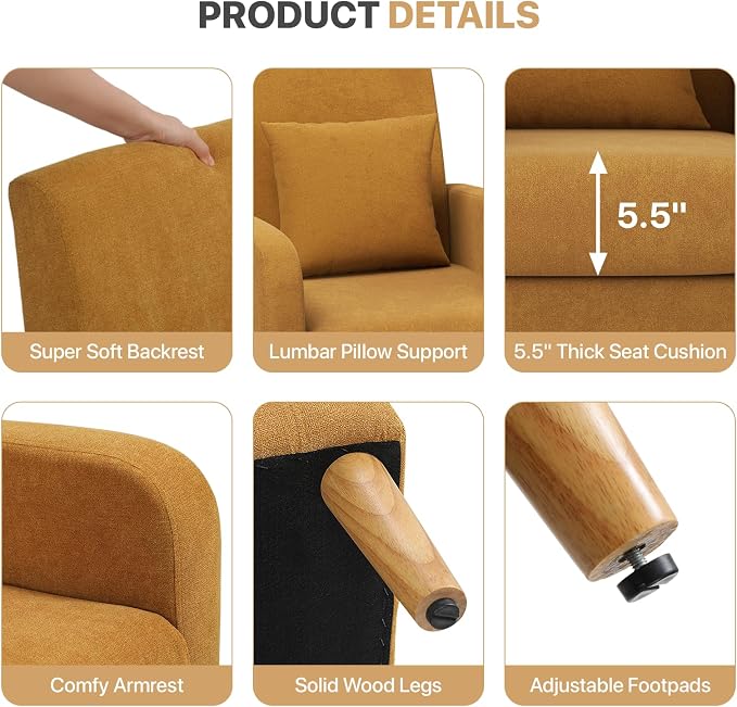 Magshion Accent Chair for Living Room, Comfy Mid-Century Reading Chair for Bedroom, Upholstered Linen Fabric Armchair Single Sofa with Back Pillow & Wood Legs, 300 lbs Capacity, Yellow